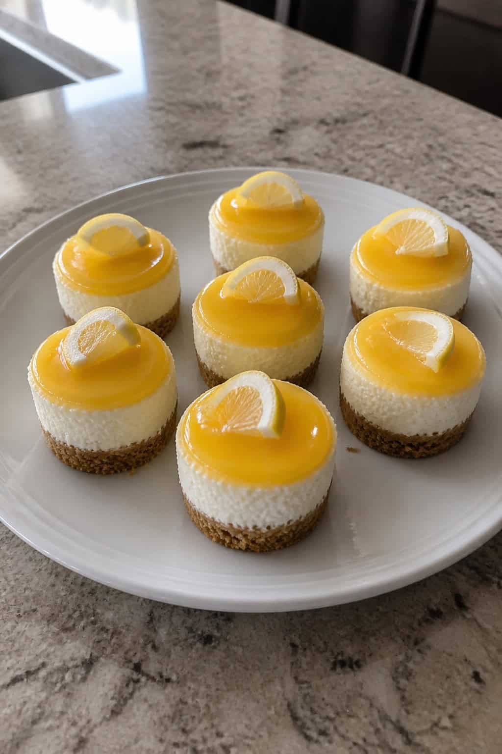 A plate of lemon curd mini cheesecakes garnished with lemon slices and mint on a wooden table with blurred party decorations in the background.