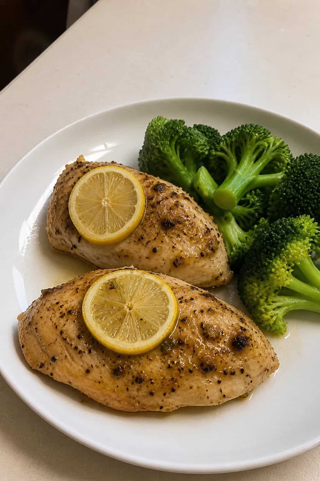 A plate with lemon-garlic baked chicken breasts and steamed broccoli on a wooden table.