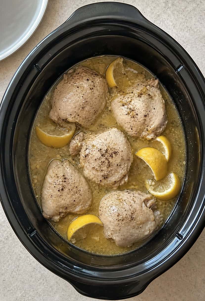 A crockpot simmering with lemon garlic chicken, surrounded by fresh herbs and spices