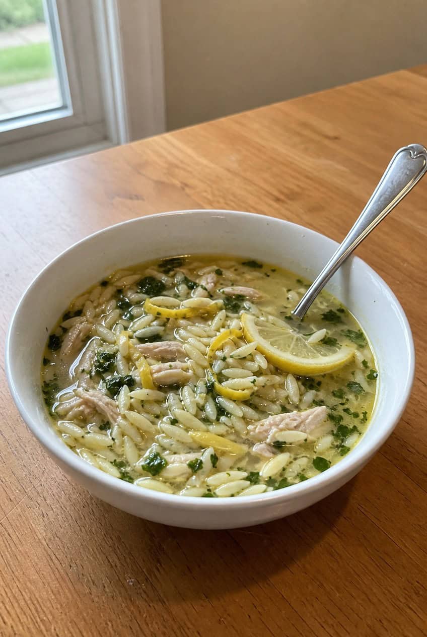 A deep ceramic bowl of chicken orzo soup with shredded chicken, cooked orzo, sliced carrots, and celery, garnished with chopped parsley and two thin lemon slices, surrounded by fresh herbs on a wooden table.