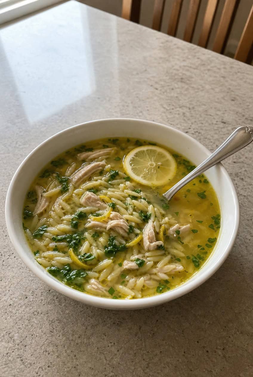 A deep ceramic bowl of chicken orzo soup with shredded chicken, cooked orzo, sliced carrots, and celery, garnished with chopped parsley and two thin lemon slices, surrounded by fresh herbs on a wooden table.