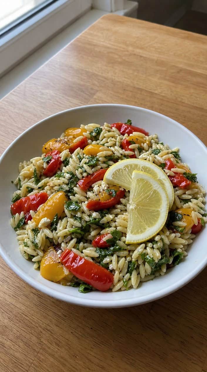 A bowl of lemon-herb orzo salad with roasted red and yellow peppers on a wooden table with fresh herbs and lemon slices nearby.