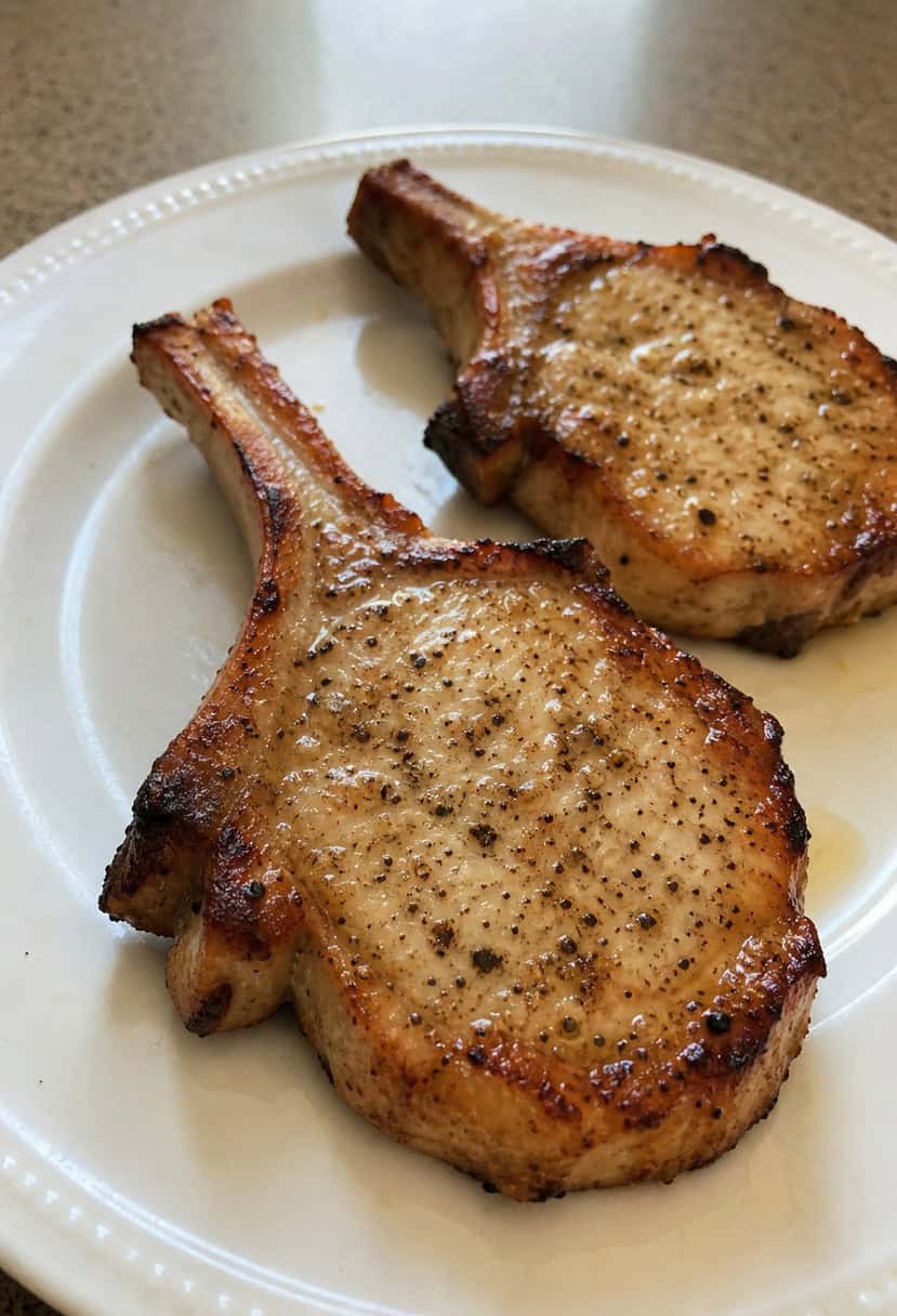 A sizzling pork chop seasoned with lemon pepper on a hot grill