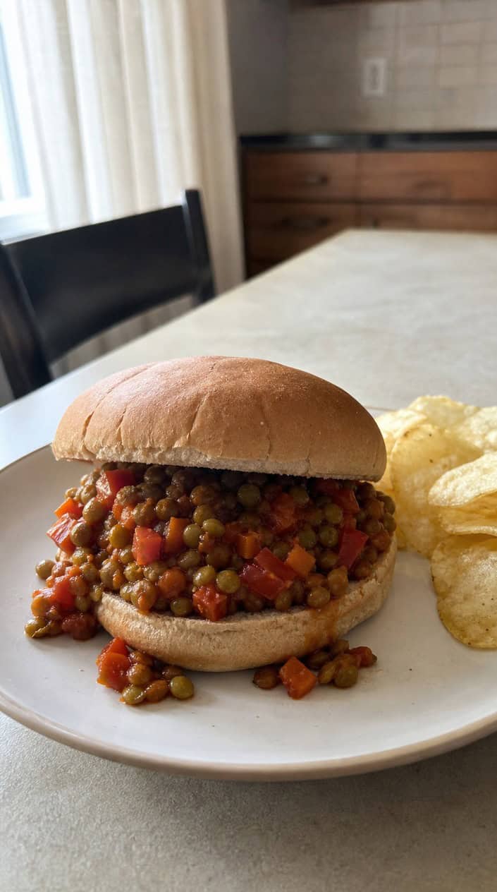 A plate of lentil sloppy joes sandwiches with vegetable filling on a wooden table, surrounded by fresh ingredients.