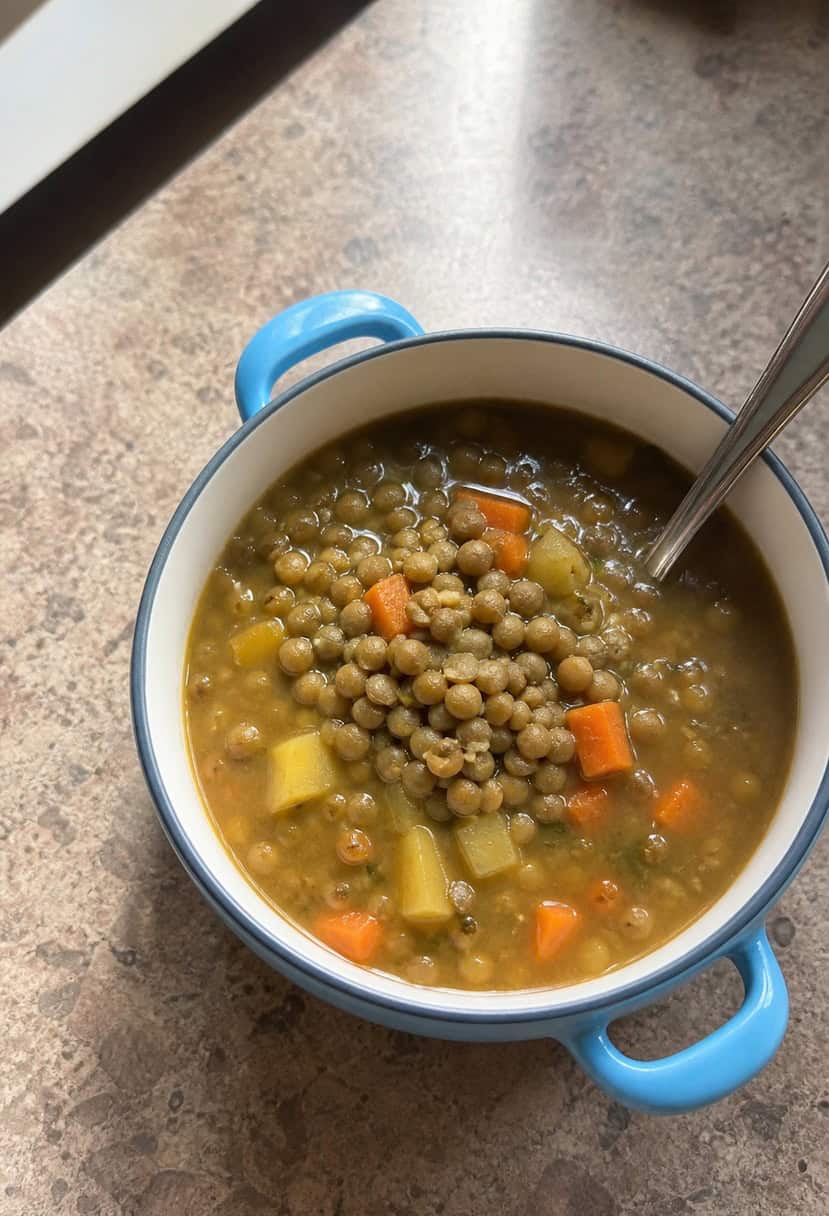 A steaming pot of lentil soup surrounded by colorful vegetables and herbs on a rustic wooden table