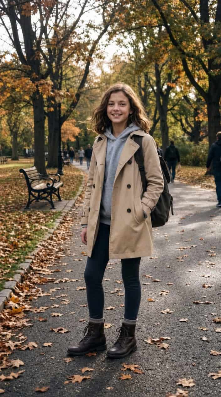 A young girl wearing a trench coat over a hoodie and leggings stands outdoors in a park with autumn leaves.