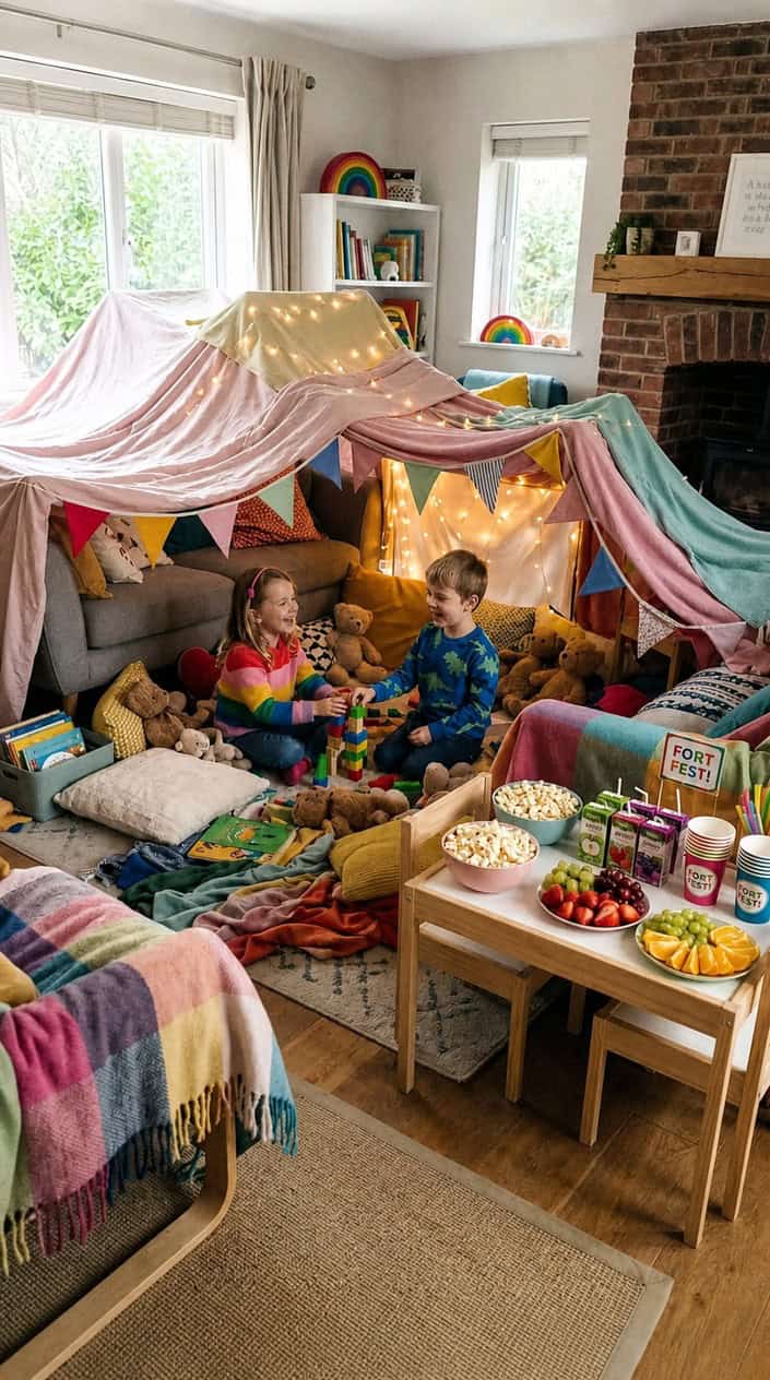 Children playing inside blanket forts in a living room decorated with string lights and a snack station.