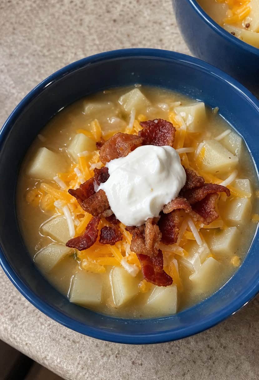 A steaming bowl of loaded baked potato soup surrounded by scattered potato recipes