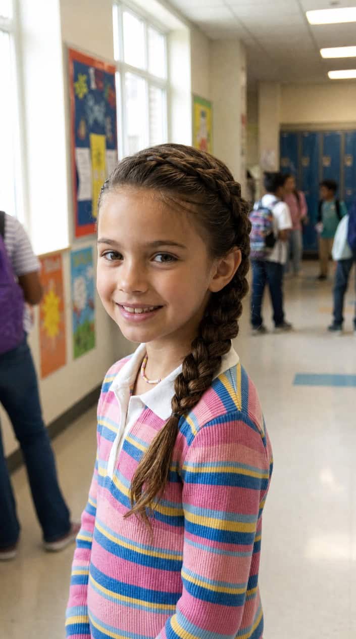 A young girl smiling indoors with her hair braided and styled neatly.