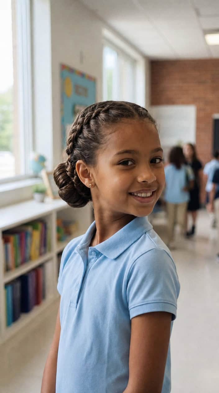 A young girl with a braided hairstyle smiling in a bright school setting.