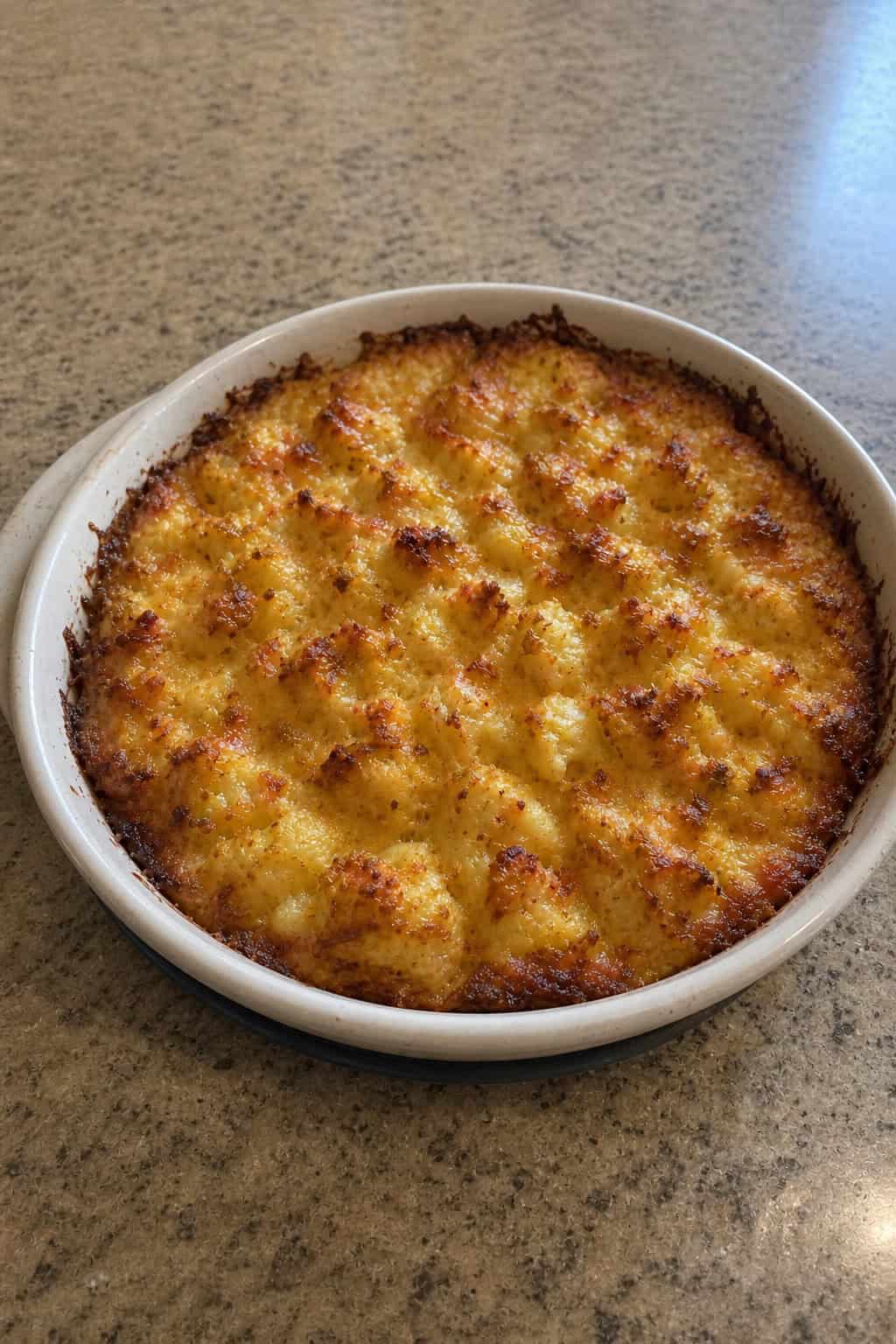 A golden-topped breakfast casserole with a mix of riced cauliflower and shredded hashbrown in a ceramic dish on a wood table, with a small bowl of fresh berries and a glass of orange juice nearby.