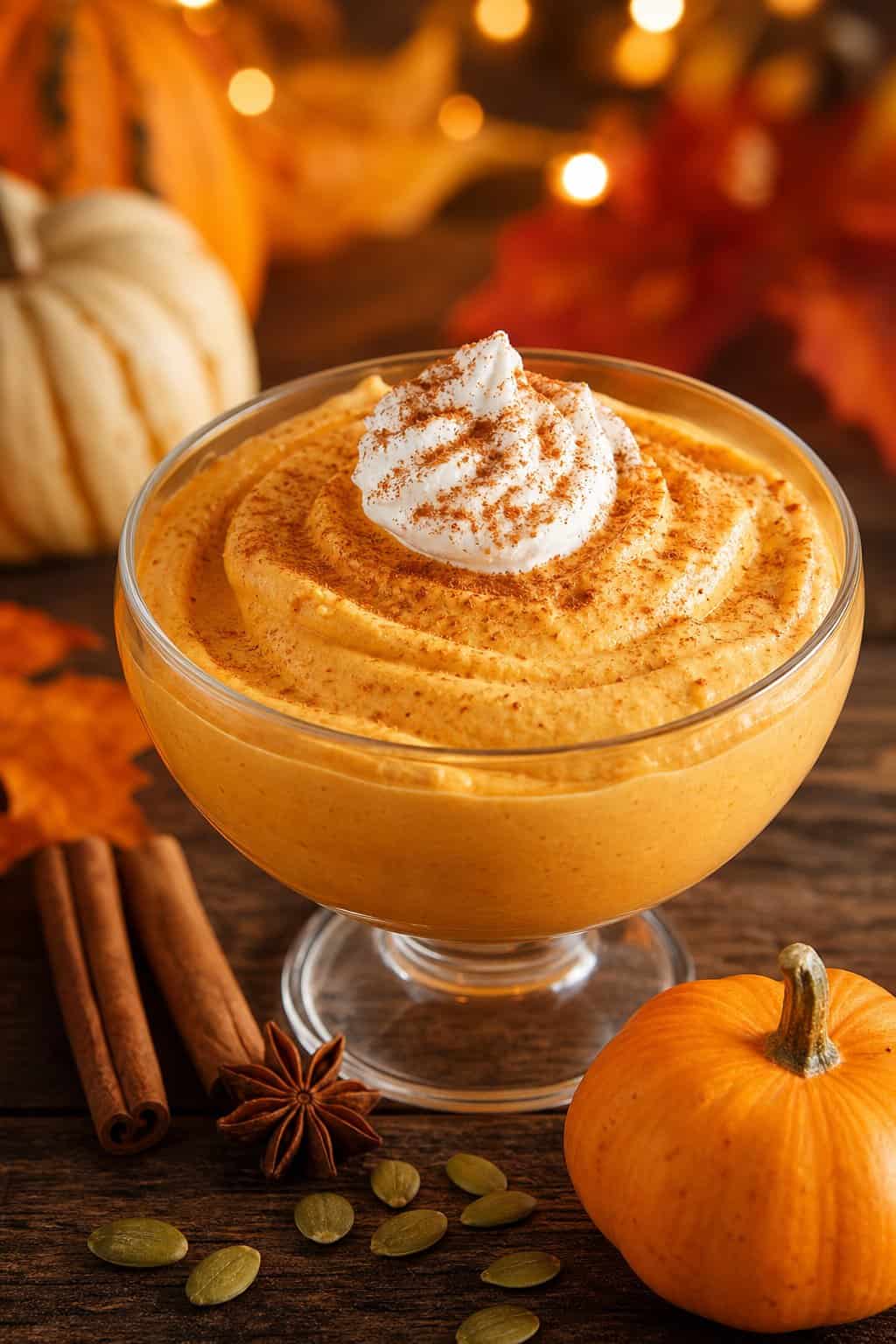 A shallow ceramic bowl of pale orange pumpkin mousse dusted with ground cinnamon, with a small dollop of whipped cream in the center and two mini decorative pumpkins visible in the background on the wooden table.