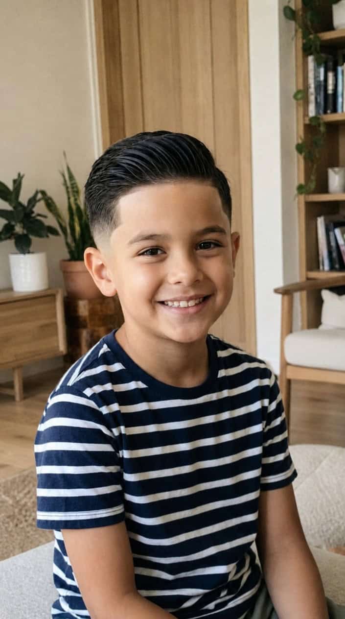 A young boy with a short haircut smiling against a plain background.