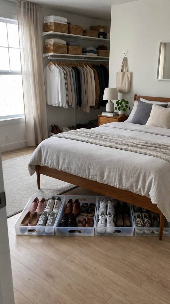 A tidy bedroom showing slim shoe trays neatly organized under a raised bed, with shoes stored inside and a clean closet area visible in the background.