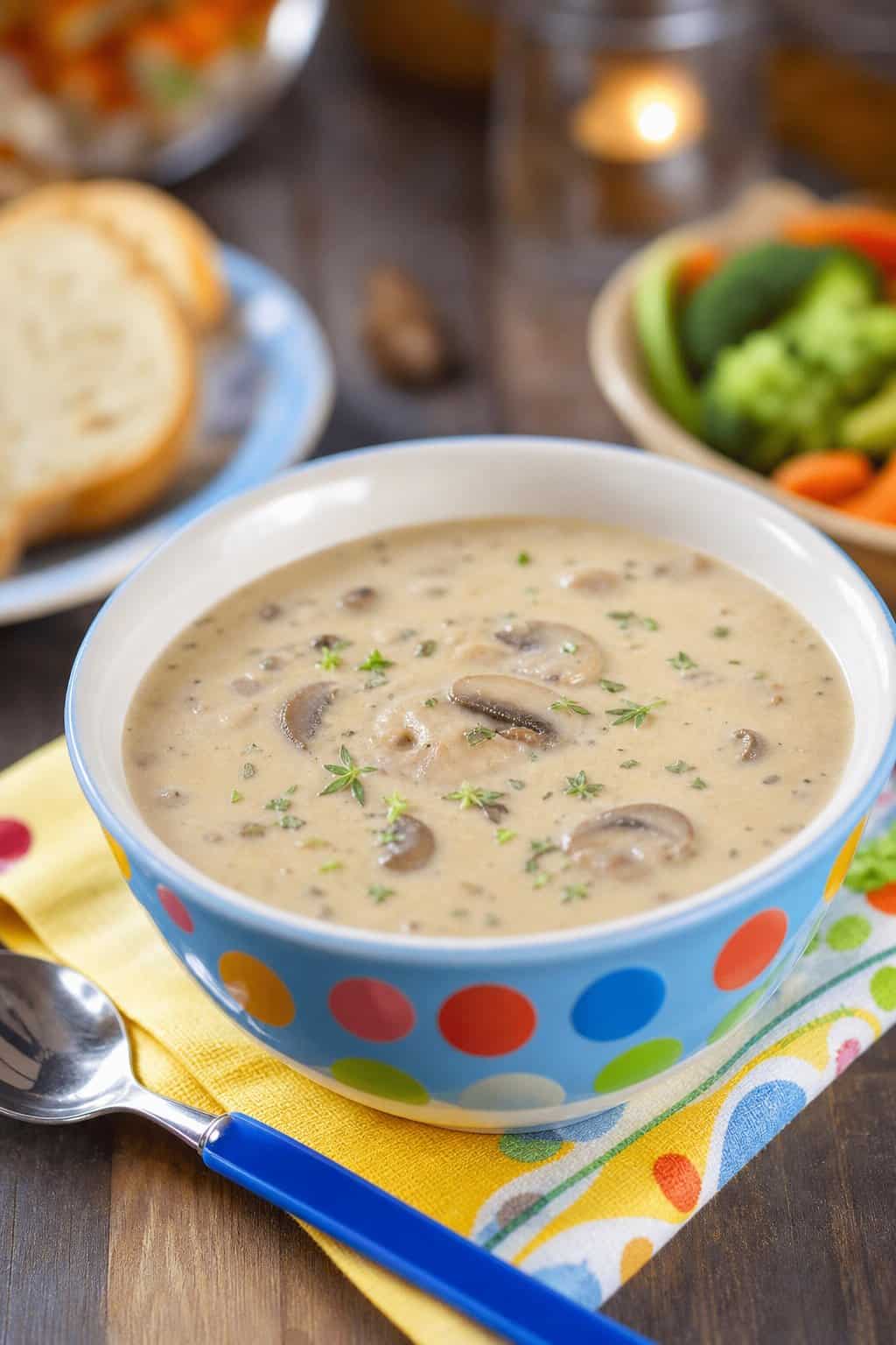 A bowl of creamy mushroom soup with small mushroom pieces and herbs on a wooden table, set for a family meal.