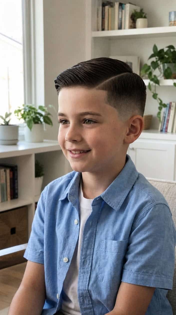 A young boy with a neat haircut smiling against a blurred neutral background.