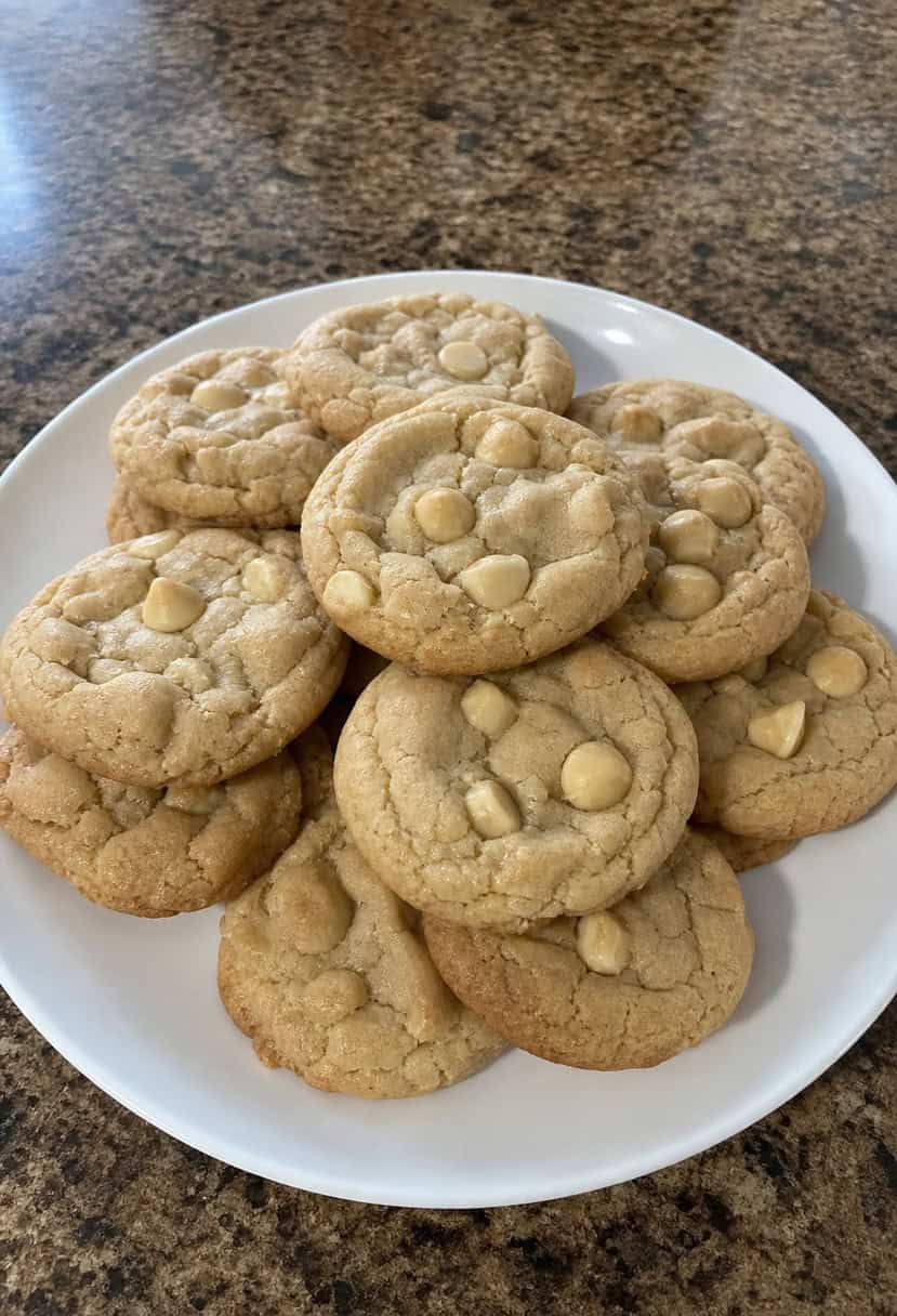 A plate of freshly baked macadamia nut cookies surrounded by ingredients and a recipe book open to page 23