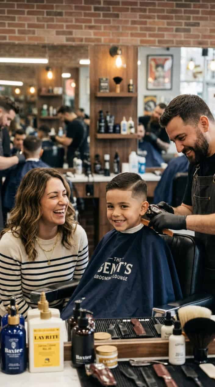A parent and child smiling together in a barbershop, the child sitting in a barber chair with a fresh haircut.