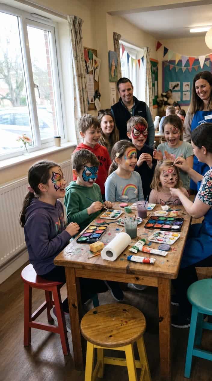 Children with simple face paint designs smiling and sitting around a table with face painting supplies and a slightly messy setup.
