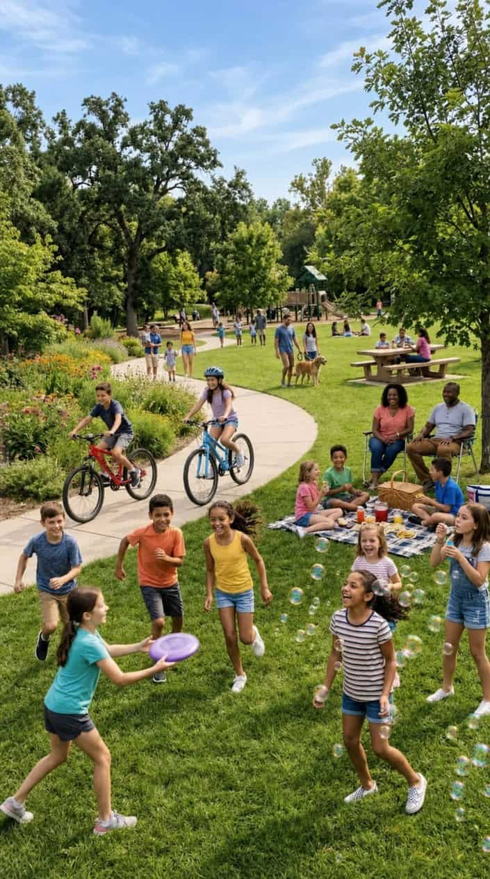 18 Kid-Friendly Outdoor Summer Activities for Tweens and Older Kids 22 A multigenerational family spread across a sunny backyard, kids kicking a ball near a picnic table where adults sit with drinks and an open Bible resting on the corner.