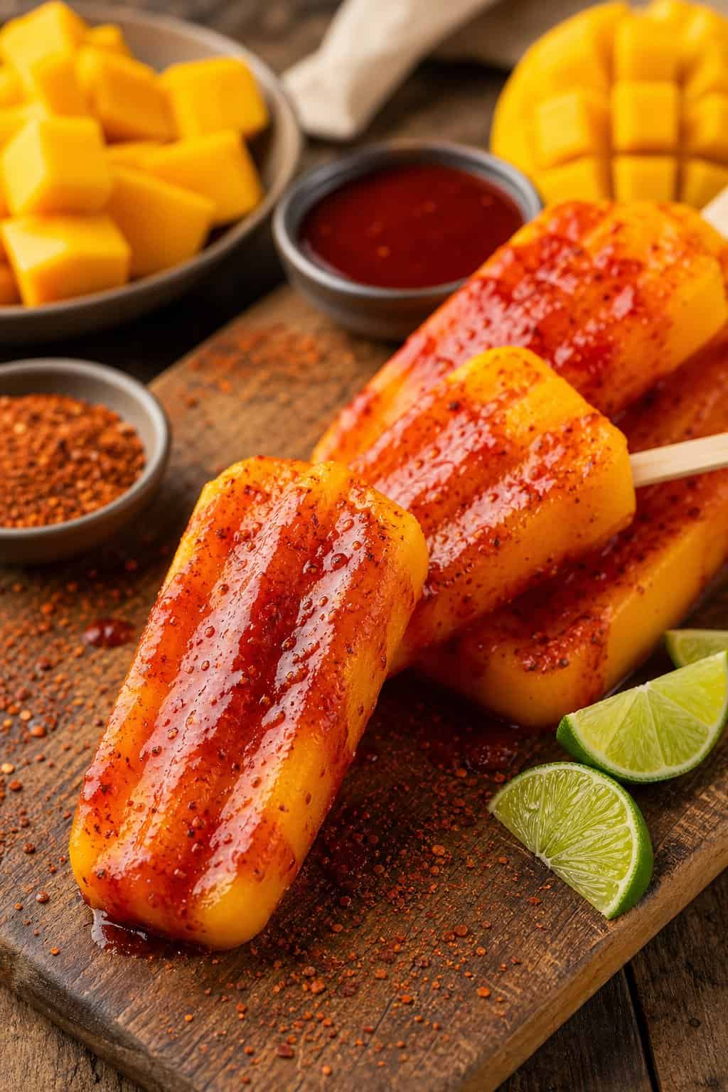 Close-up of mango chamoy popsicles garnished with chili powder and lime wedges on a wooden board with bowls of chamoy sauce, chili powder, and mango slices nearby.