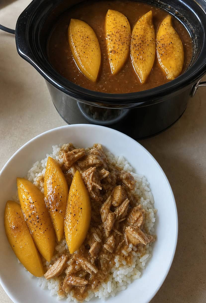 A slow cooker surrounded by fresh mangoes, chicken breasts, and various spices on a kitchen counter