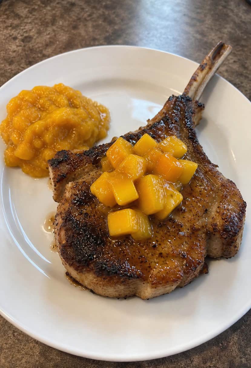 A sizzling pork chop topped with vibrant mango chutney, surrounded by colorful spices and fresh herbs on a wooden cutting board