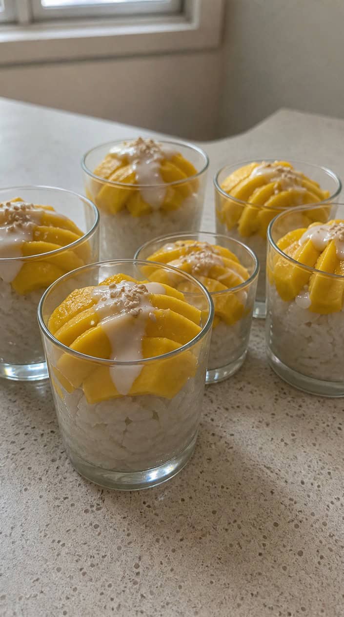 Several cups of mango sticky rice dessert on a wooden table outdoors with warm sunlight and greenery in the background.