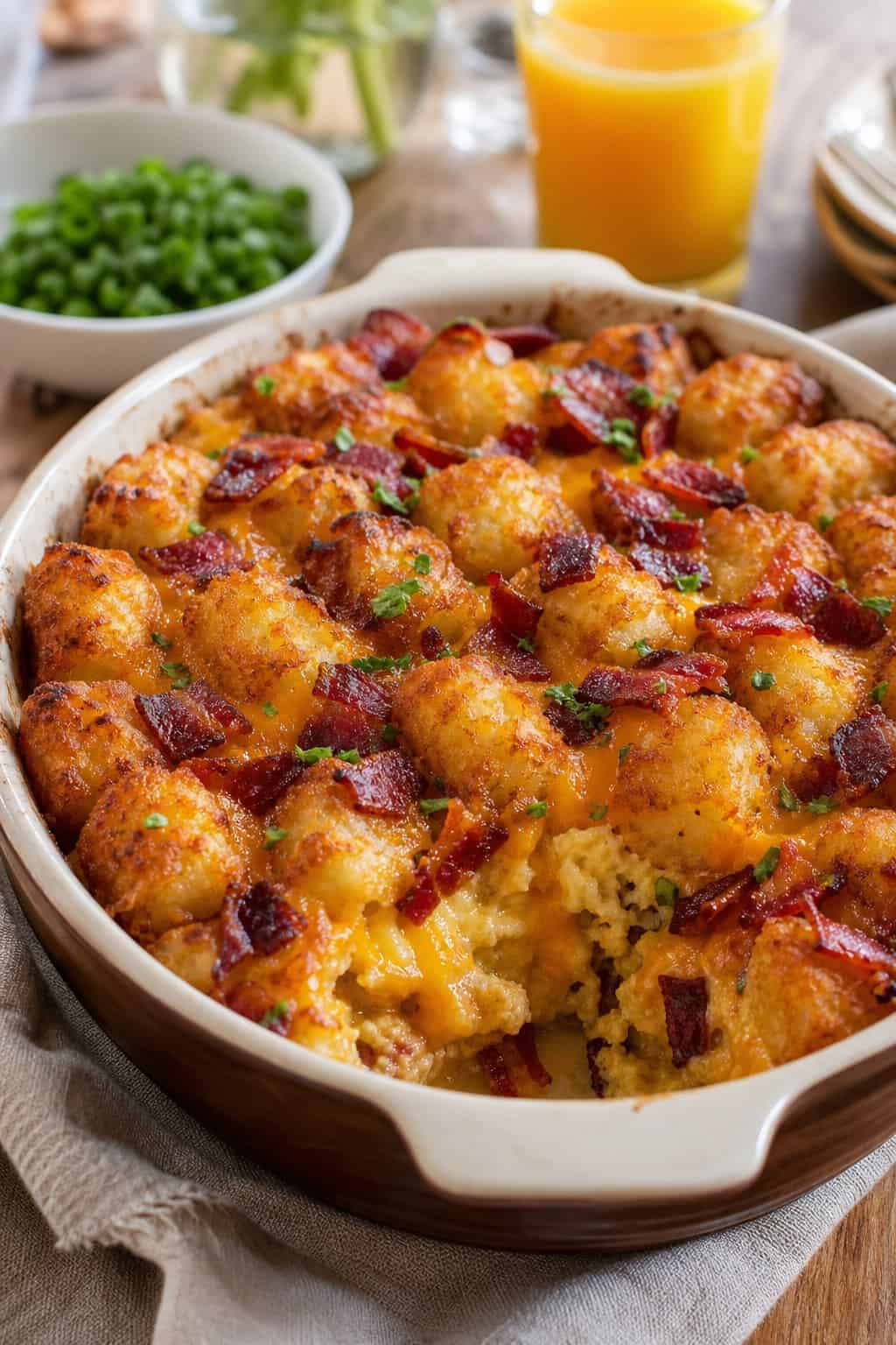 A freshly baked tater tot breakfast casserole with melted cheddar cheese and maple-glazed bacon in a ceramic dish on a wooden table.