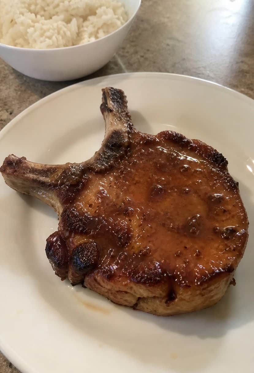 A sizzling pork chop with maple dijon glaze on a rustic wooden cutting board, surrounded by fresh herbs and ingredients