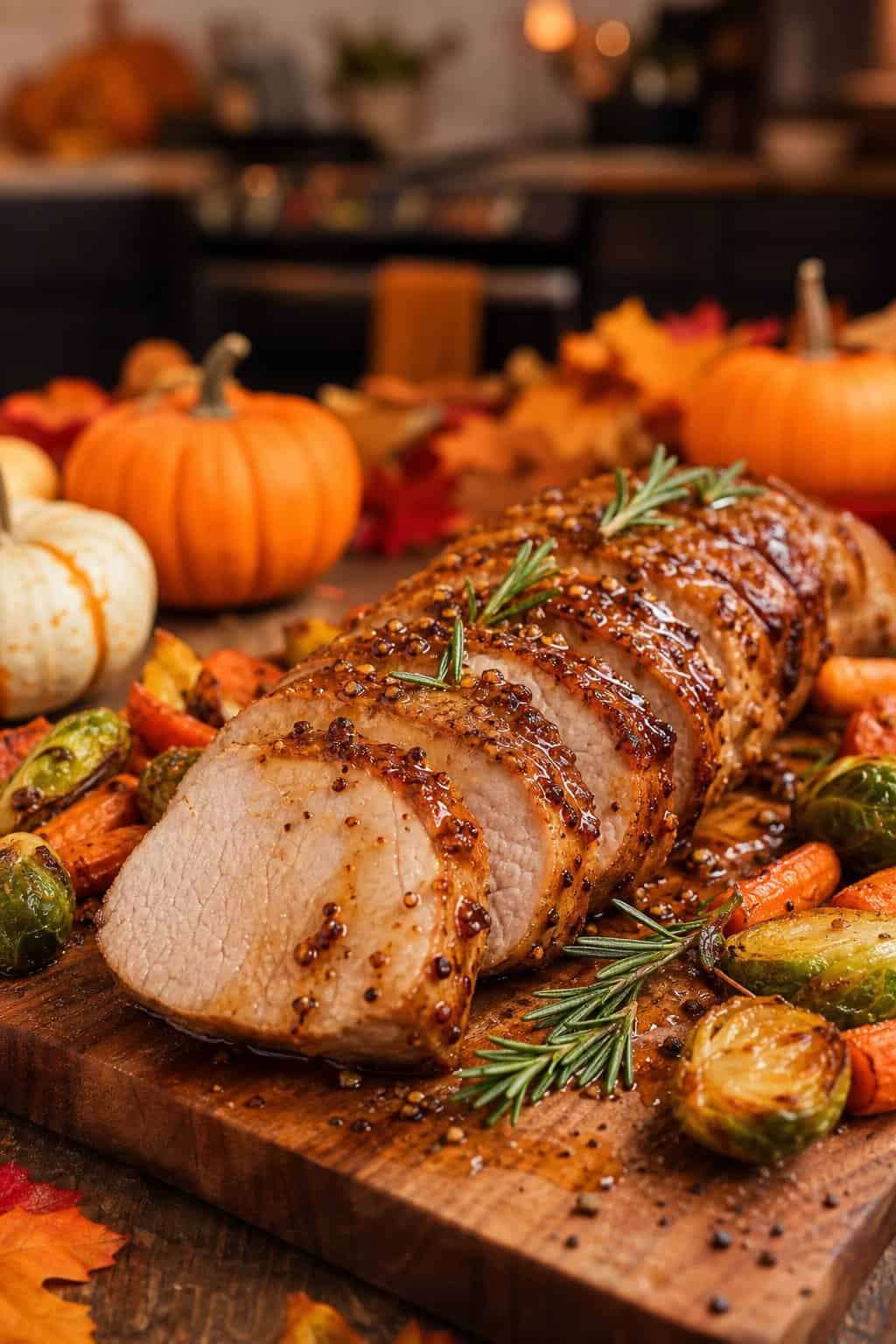 A glazed maple dijon pork tenderloin on a wooden cutting board with autumn decorations and roasted vegetables.