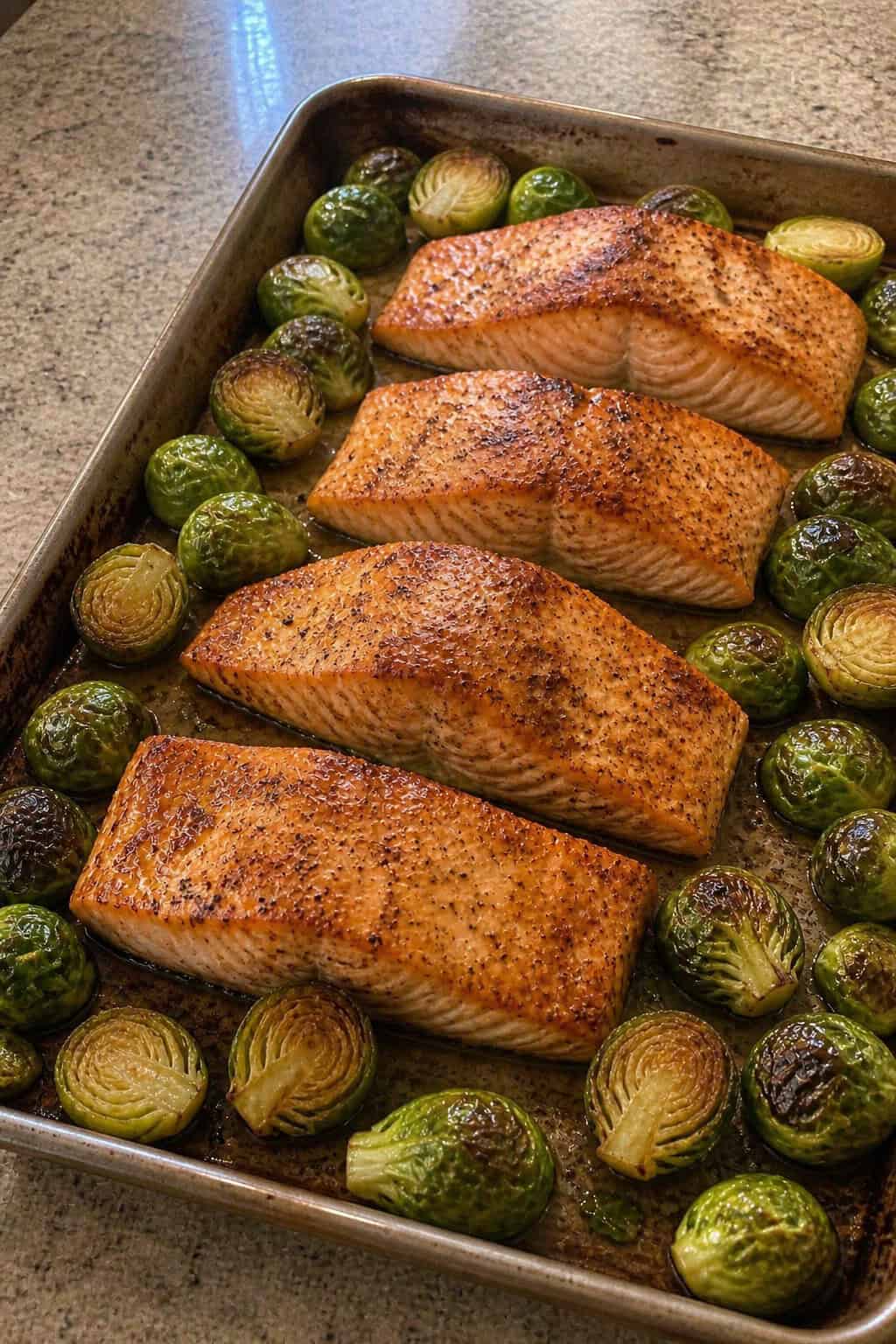 Four salmon fillets with a glossy maple-Dijon glaze resting beside halved Brussels sprouts with caramelized cut sides on a foil-lined sheet pan on a wooden table.