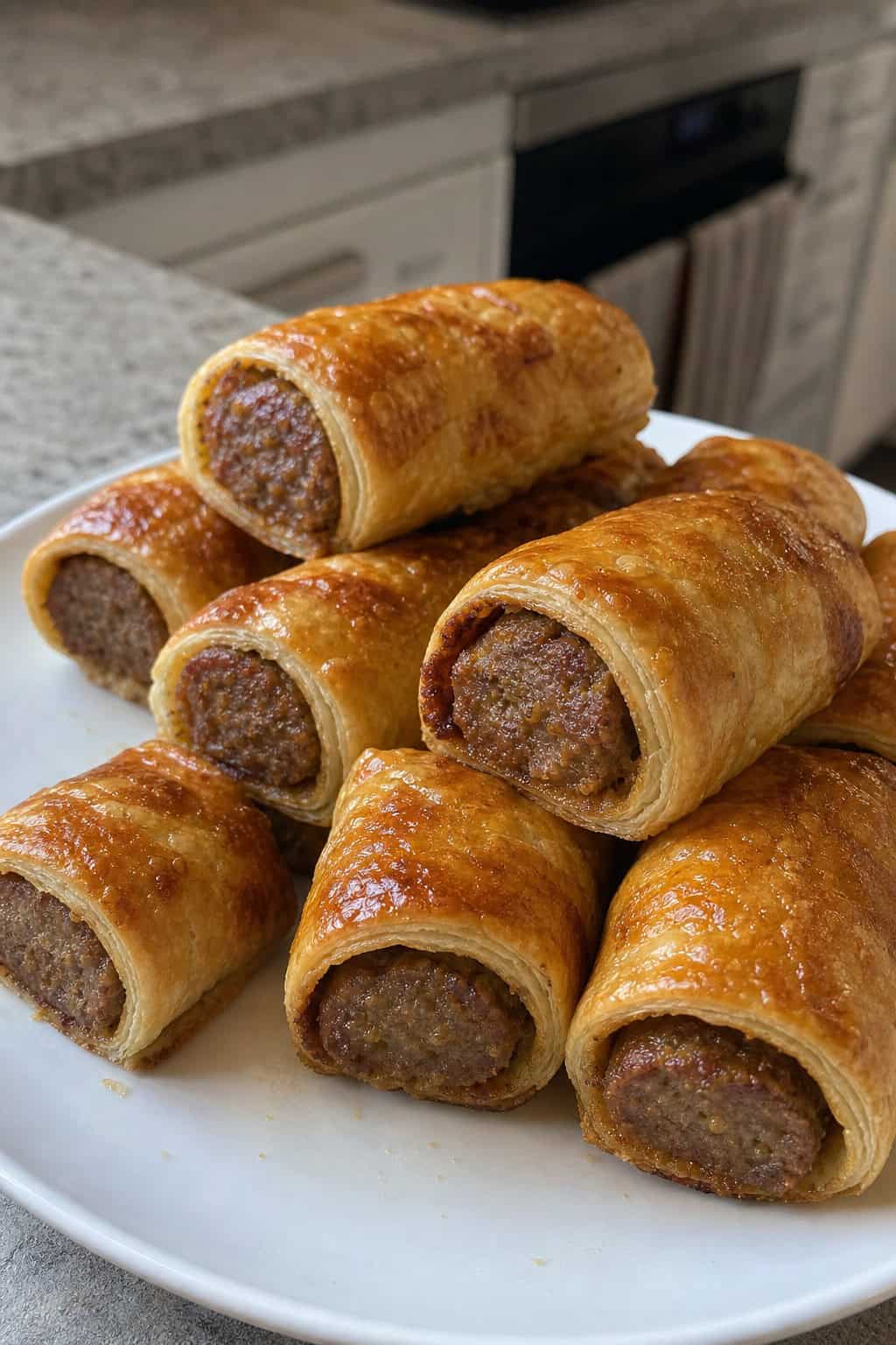 Close-up of maple-mustard BBQ sausage rolls on a wooden board with dipping sauces and garnishes.