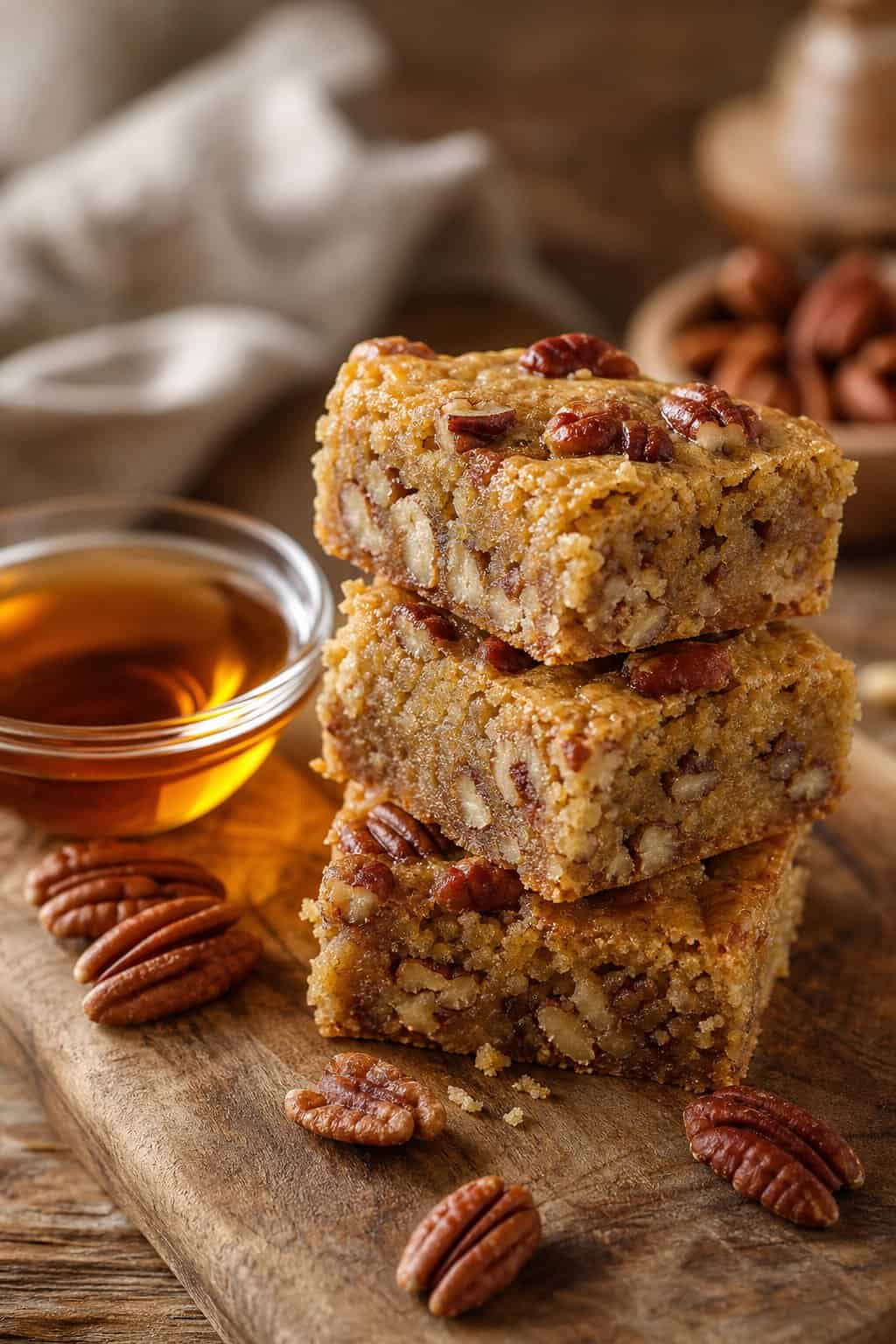 A stack of three golden maple pecan blondies on a small wooden board, with visible pecan pieces throughout the crumb and a few whole pecans arranged beside them on the board.