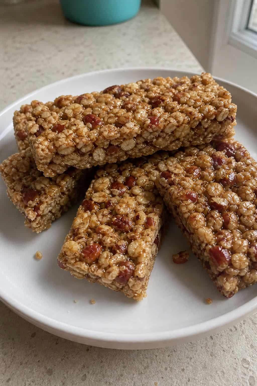 Close-up of several maple pecan granola bars on a wooden board with pecans and a bowl of maple syrup nearby.