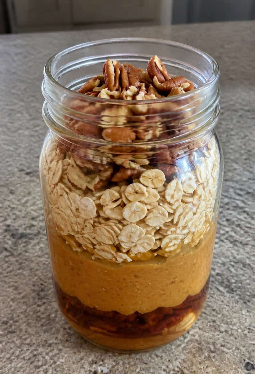 A glass jar filled with layers of oats, maple syrup, and pecans, set on a wooden table with a spoon and a scattering of pecans