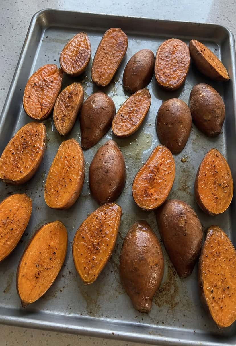 Sweet potatoes arranged on a baking sheet, drizzled with maple syrup and sprinkled with seasoning, ready to be roasted