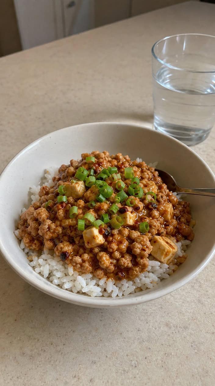 A bowl of ground chicken in a spicy sauce served over steamed white rice, garnished with green onions.