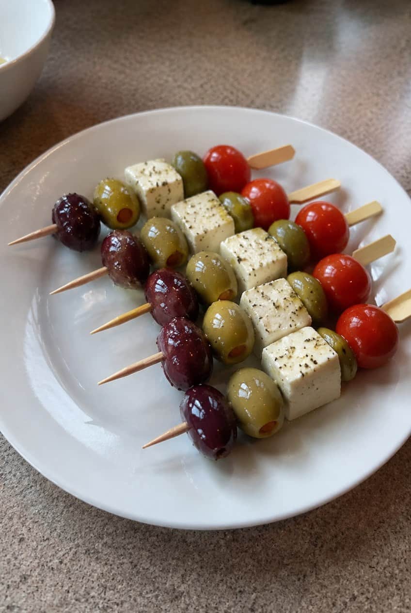 A wooden board with skewers threaded with large green olives, bright red cherry tomatoes, and chunky white feta cubes, with a scatter of dried herbs and a drizzle of olive oil.