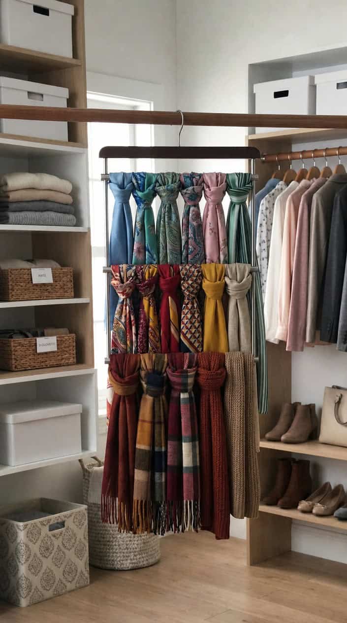A closet with a 3-tier hanger holding multiple colorful scarves neatly arranged.