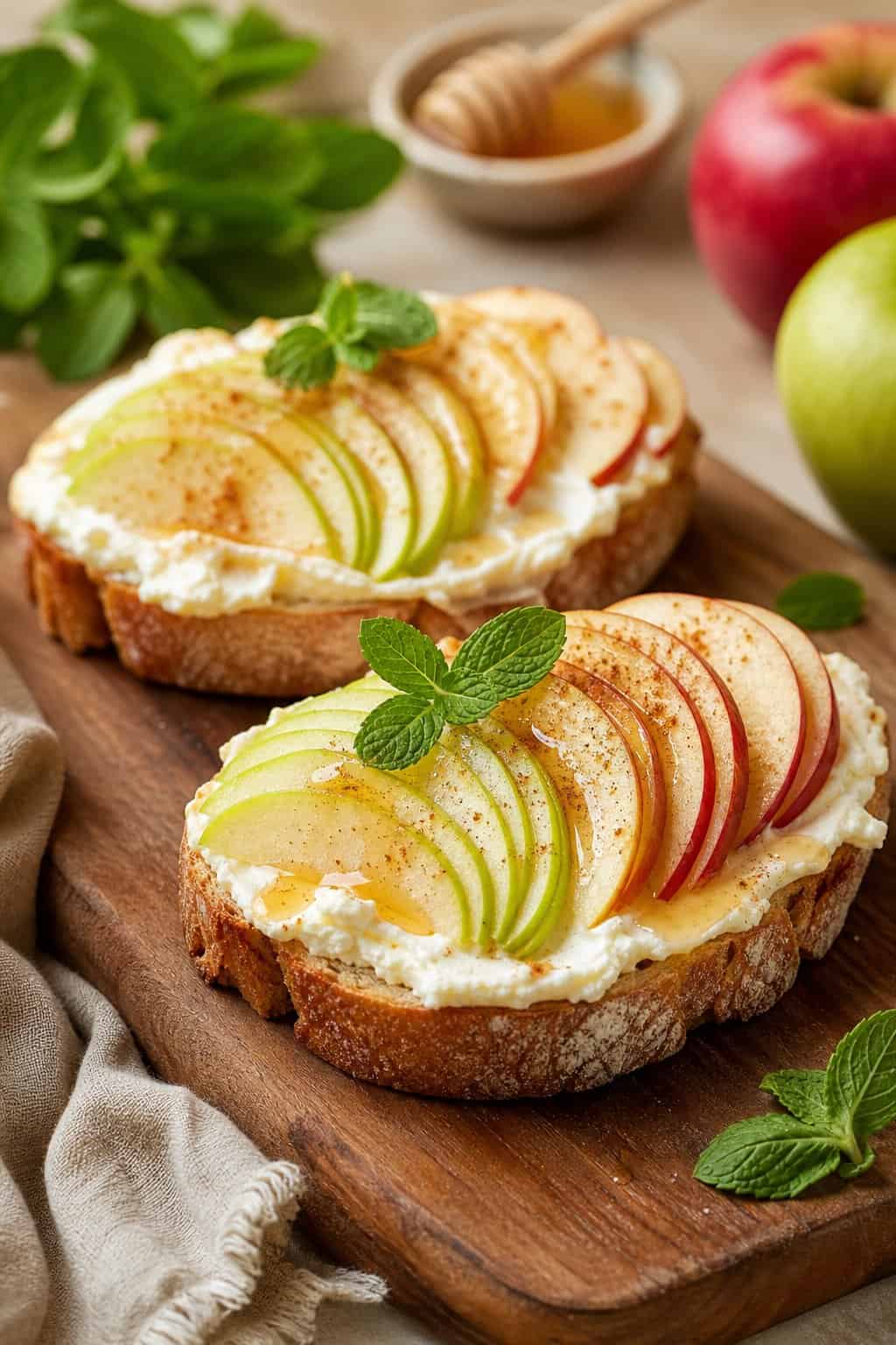 Plate of toasted bread slices topped with mascarpone cheese and thinly sliced apples, garnished with honey, cinnamon, and mint leaves on a kitchen table.