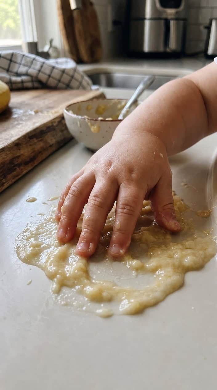 Child's hand playing with thinly spread mashed banana on a surface for sensory finger play.
