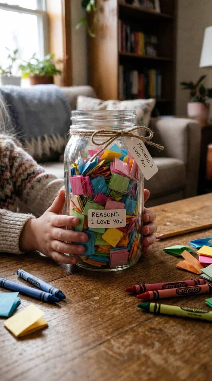 A mason jar filled with colorful folded notes on a wooden table, with children's hands gently holding it.