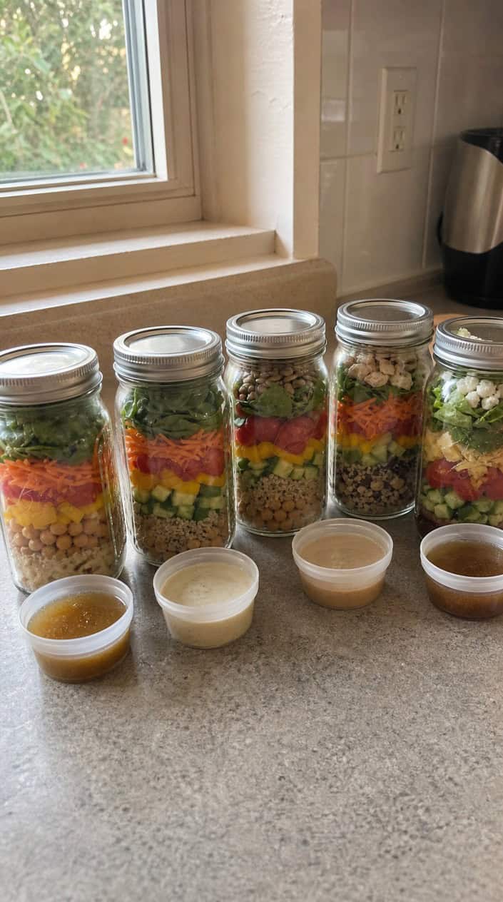 Several mason jars filled with layered salad ingredients and small containers of frozen dressing on a kitchen countertop.