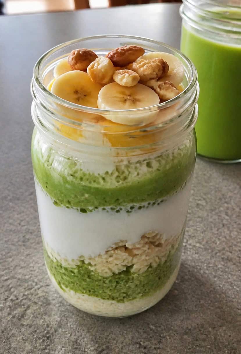 A glass jar filled with layers of oats, matcha green tea, and milk, topped with sliced fruit and nuts, sitting on a wooden table