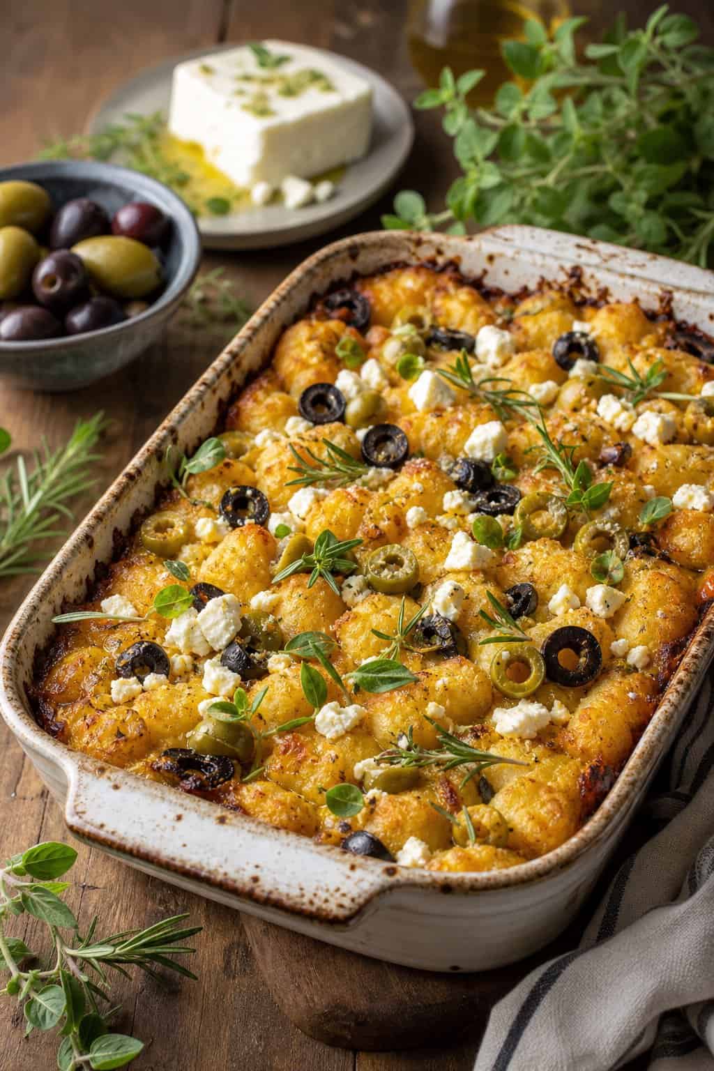 A baked breakfast casserole with tater tots, feta cheese, olives, and herbs in a ceramic dish on a wooden table.