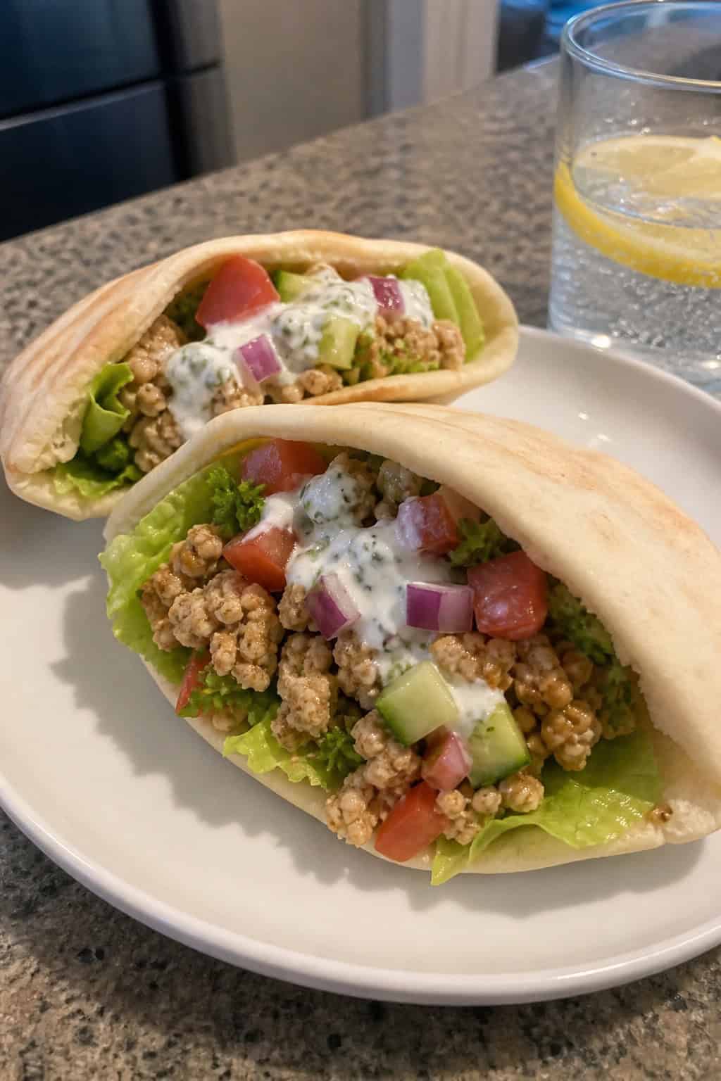Close-up of pita pockets filled with minced chicken, fresh vegetables, and sauce on a wooden board with Mediterranean-style side dishes in the background.