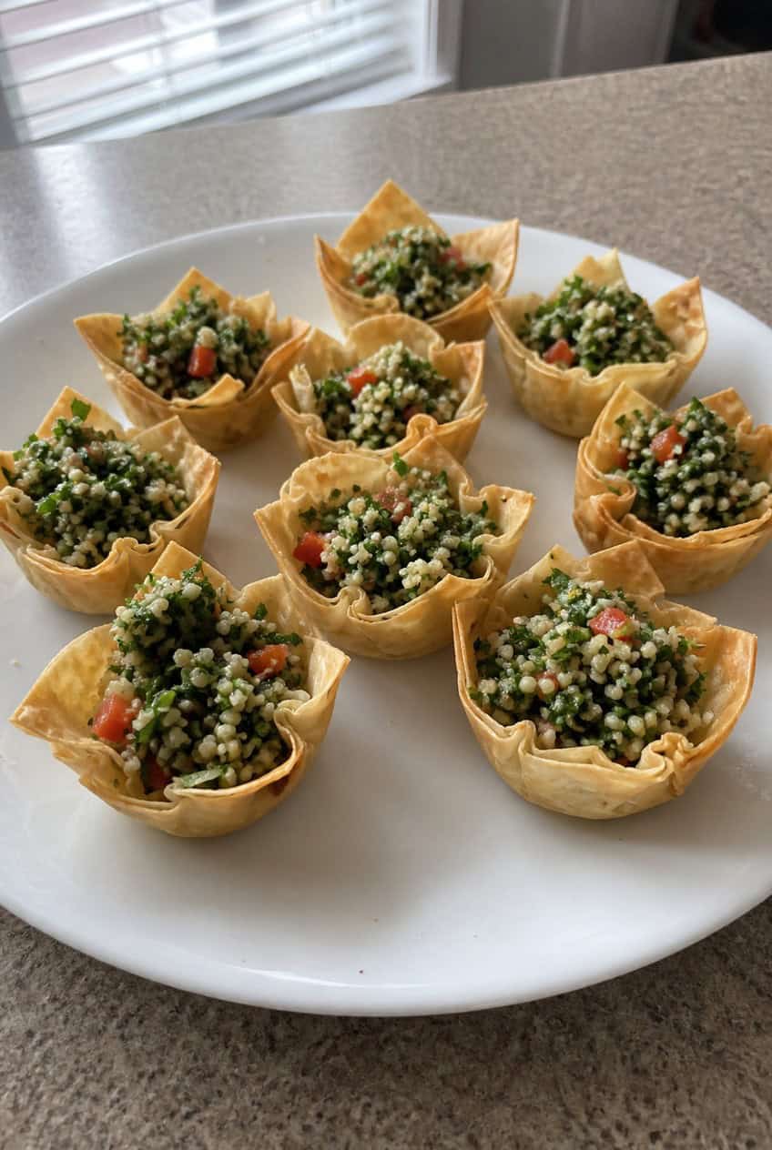 A wooden platter of golden mini phyllo cups filled with bright green tabbouleh salad showing flecks of red tomato and parsley, with lemon wedges and fresh herb stems arranged around the edge.