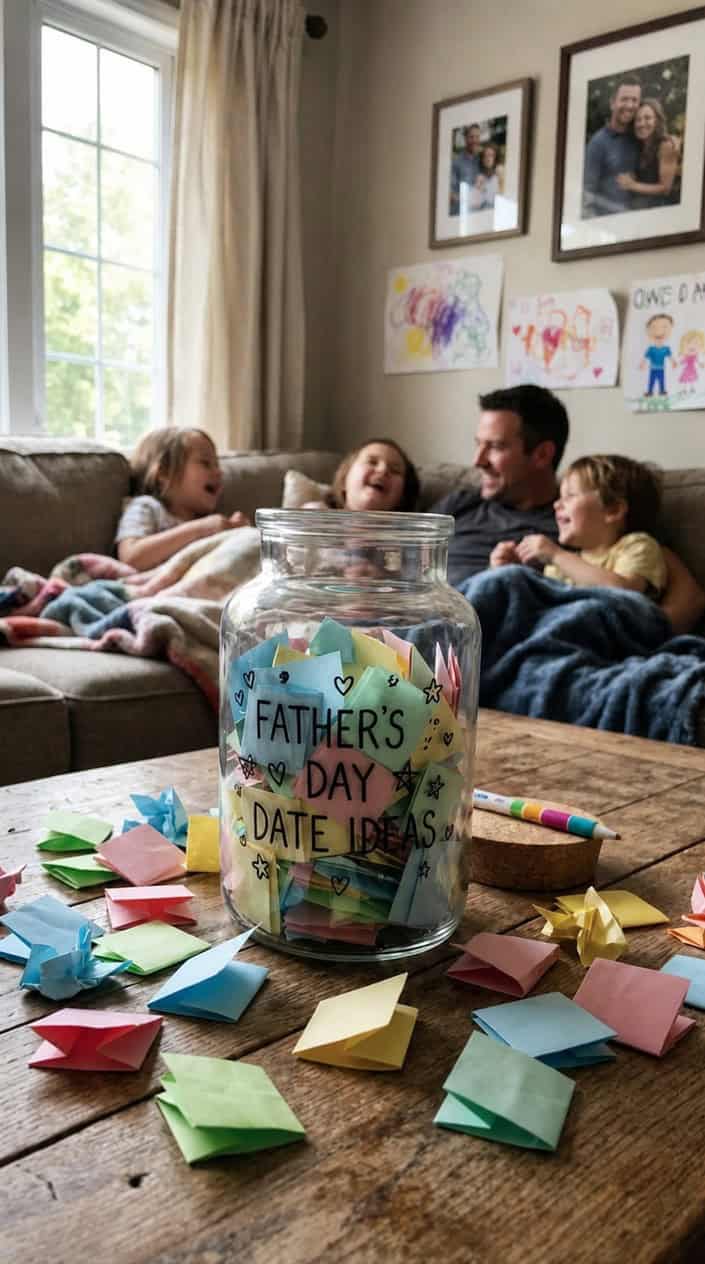 A glass jar filled with colorful paper slips on a wooden table in a cozy family living room.