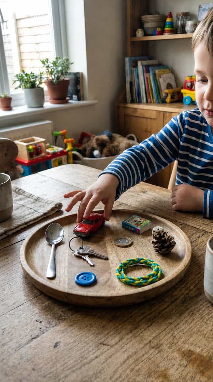 A child's hand reaching toward a tray with assorted household items arranged for a memory game on a wooden table.